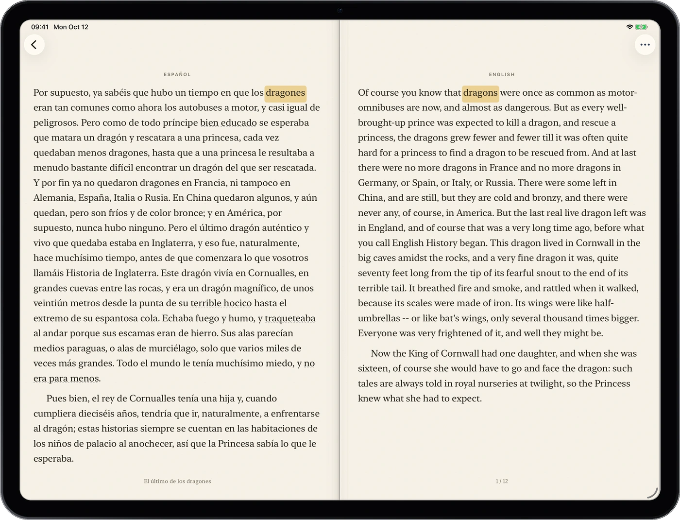 Book Duet na iPad se španělskými a anglickými stránkami v rozvržení přizpůsobeném tomuto zařízení.
