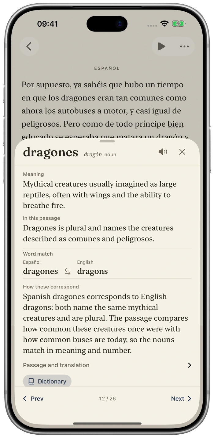 Book Duet na iPhone s kartou slova dragones a vysvětlením jeho významu v kontextu.