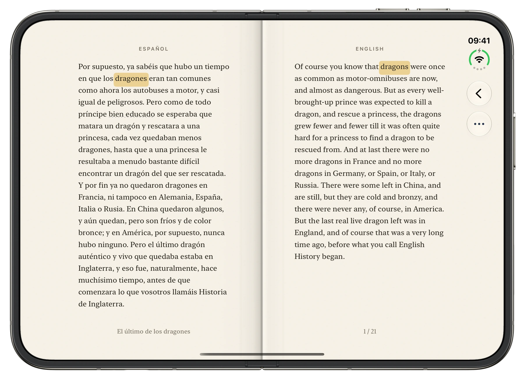 Skutečná obrazovka čtení v Book Duet: španělská a anglická pasáž z The Last of the Dragons se současně zvýrazněnými slovy dragones a dragons.